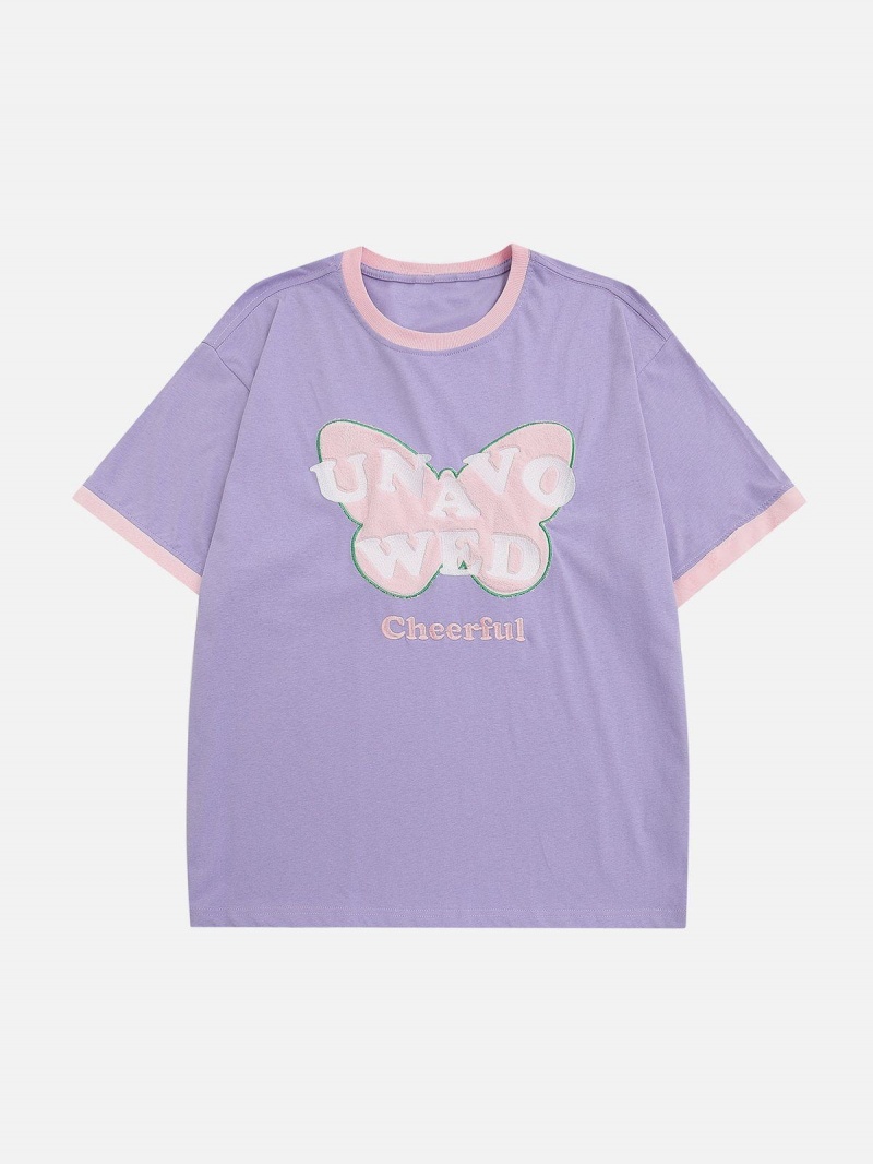 Abricot  T Shirts Aelfric Eden Flocking Butterfly Embroidery Tee - QMJ-7105128